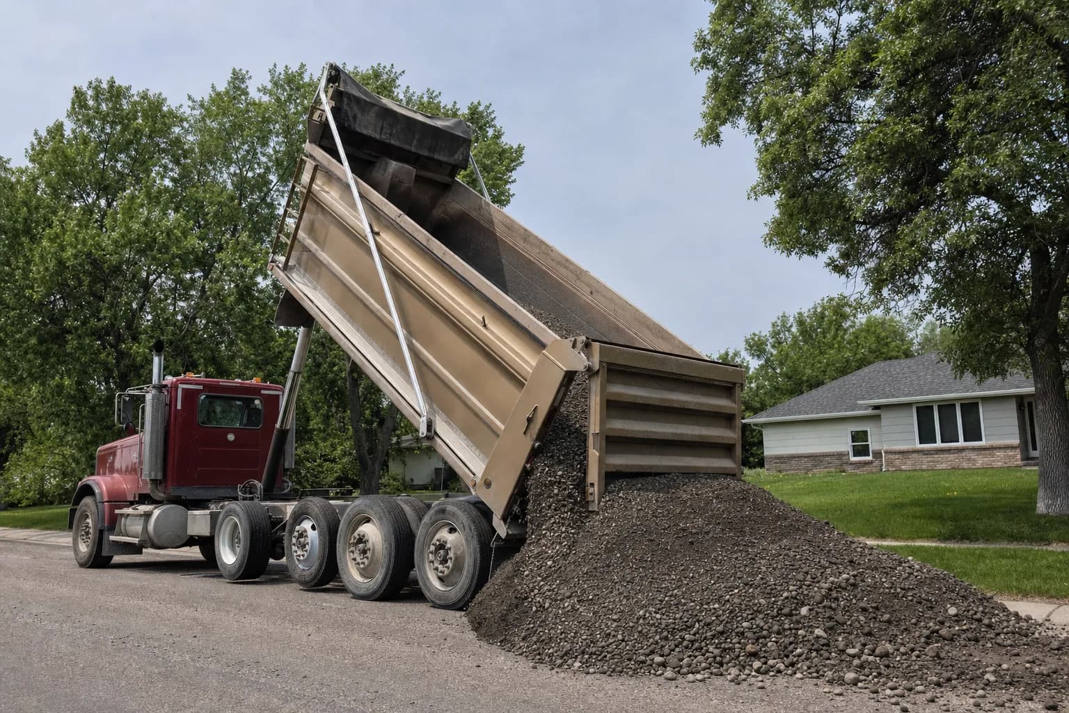 Dump truck delivering gravel to a residential property